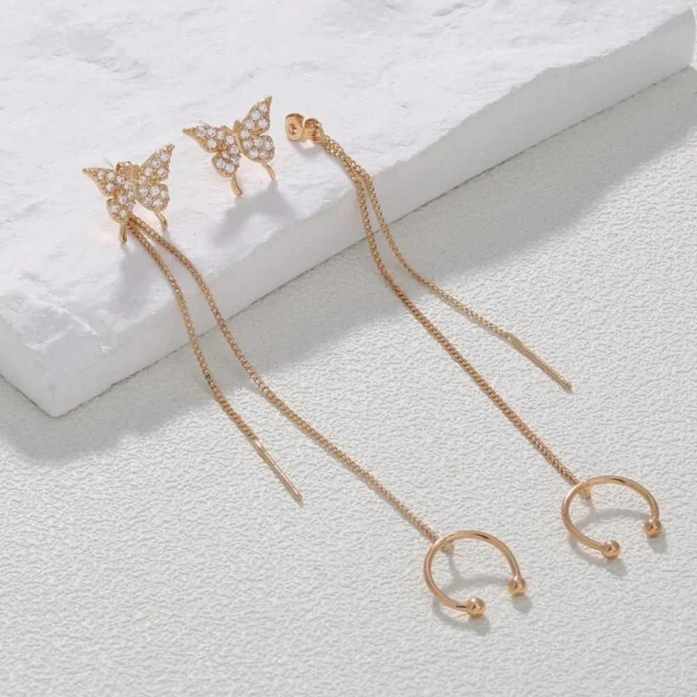 2pcs Cubic Zirconia Butterfly Decor Chain Linked Earring Yellow Gold Jewelry